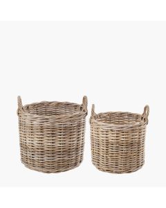Set of 2 Grey Rattan Round Log Baskets