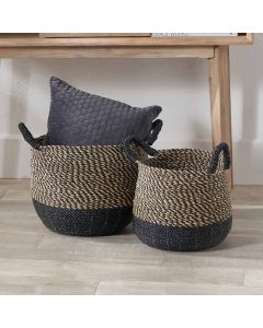 Set of 2 Seagrass Natural and Black Round Handled Baskets