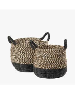 Set of 2 Seagrass Natural and Black Round Handled Baskets