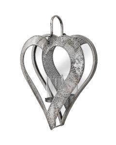 Antique Silver Heart Mirrored Tealight Holder in Large