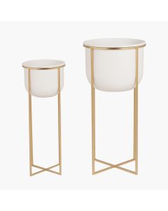 S/2 White and Gold Metal Planters