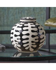 Elkorn Black and White Ceramic Coral Design Lidded Ginger Jar 