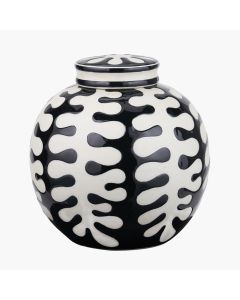 Elkorn Black and White Ceramic Coral Design Lidded Ginger Jar 