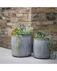 Set of 2 Galvanised Zinc Barrel Planters