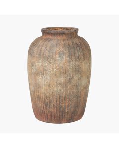 Rustic Brown Fibrestone Vertical Ribbed Decorative Vase Tall