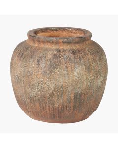 Rustic Brown Fibrestone Vertical Ribbed Decorative Vase Round