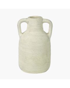 White Textured Terracotta Decorative Vase with Handles Medium