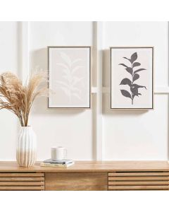 S/2 Natural and Black Leaf Print Canvases with Natural Frames