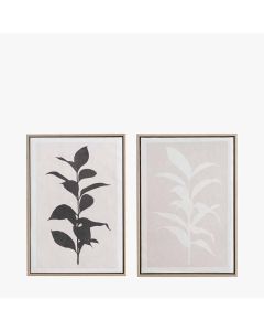 S/2 Natural and Black Leaf Print Canvases with Natural Frames