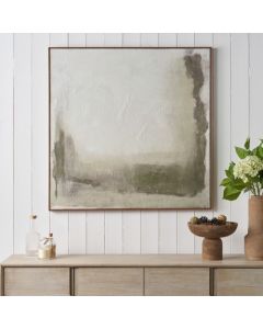 Green and Natural Abstract Square Hessian Canvas with Oak Effect Frame