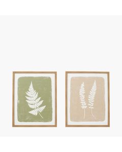 Set of 2 Green and Natural Fern Canvas Wall Art with Natural Frames
