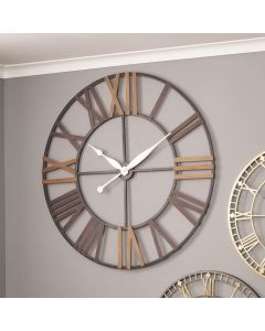 Natural Wood and Antique Grey Metal Round Wall Clock Large