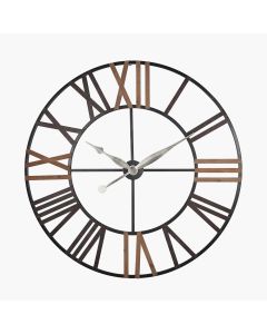 Natural Wood and Antique Grey Metal Round Wall Clock Large