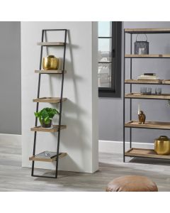 Gallery Natural Wood Veneer and Black Metal 5 Shelf Ladder Unit