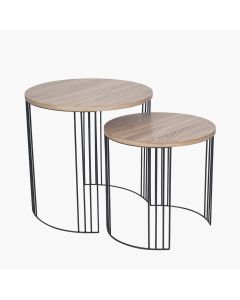 Atri Set of 2 Dark Oak Wood Veneer and Black Metal Side Tables