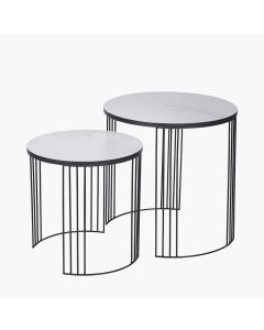 Atri S/2 White Marble Veneer and Black Metal Side Tables