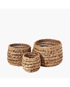 Woven Water Hyacinth Set of 3 Round Stripe Detail Baskets