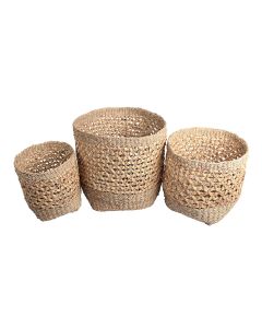 Woven Natural Seagrass and Water Hyacinth Set of 3 Tall Round Baskets