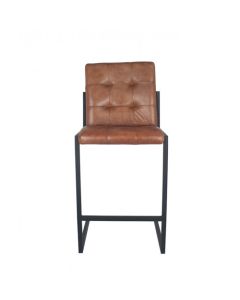 Vintage Brown Leather & Iron Buttoned Bar Stool