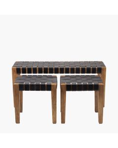 Set of three Claudio Black Woven Leather and Wood Bench and Stools