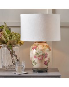 Hellebore Medium Glass Table Lamp Base with Lino 35cm White Self Lined Linen Cylinder Lampshade
