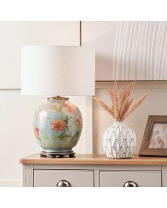 Coral Peony Large Glass Table Lamp Base with Lino 40cm White Self Lined Linen Cylinder Lampshade