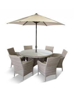 Monaco Sand 6 Seat Dining Set with Weave Lazy Susan and 3.0m Parasol