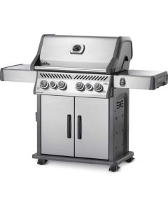 Napoleon Rogue SE 4 Burner BBQ 26.1Kw with Large Sizzle Zone Side Burner and Rear Rotisserie Burner.  Stainless Steel Doors and Hood. Illuminated Controls