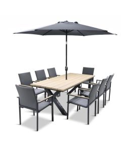 Stockholm 8 Seat Dining Set with Armchair and Deluxe 2.0 x 3.0m Parasol